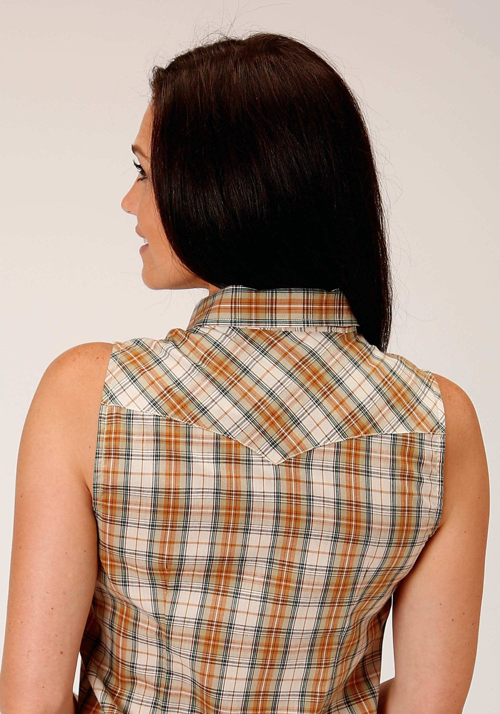 Roper Womens Sleeveless Snap Khaki Forest Green Cream Plaid Western Shirt - Roper - Flyclothing LLC