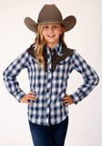 Roper Girls Long Sleeve Snap Navy Blue Grey White Plaid Western Shirt - Roper