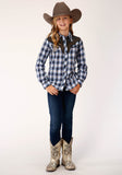 Roper Girls Long Sleeve Snap Navy Blue Grey White Plaid Western Shirt - Roper