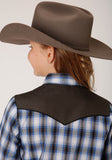 Roper Girls Long Sleeve Snap Navy Blue Grey White Plaid Western Shirt - Roper
