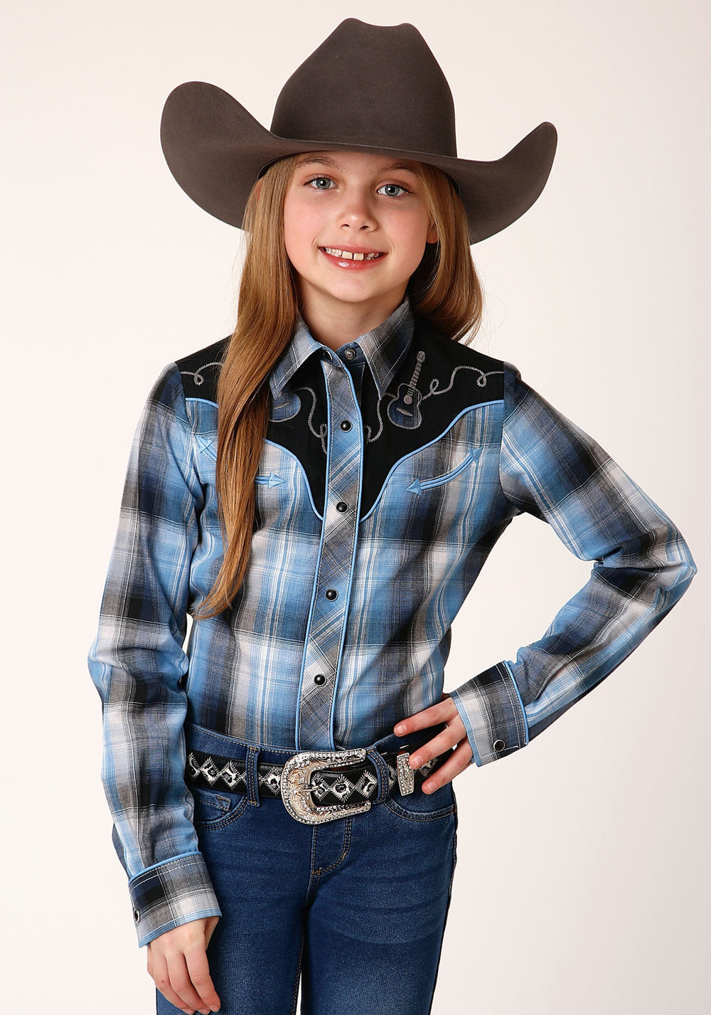 Roper Girls Long Sleeve Snap Light Blue And Navy Plaid Western Shirt - Roper