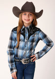 Roper Girls Long Sleeve Snap Light Blue And Navy Plaid Western Shirt - Roper