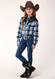 Roper Girls Long Sleeve Snap Light Blue And Navy Plaid Western Shirt - Roper
