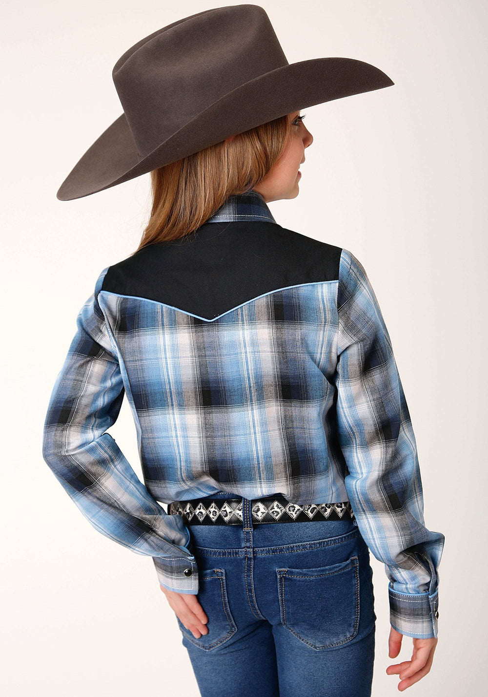 Roper Girls Long Sleeve Snap Light Blue And Navy Plaid Western Shirt - Roper - Flyclothing LLC