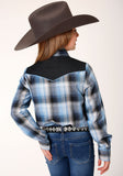 Roper Girls Long Sleeve Snap Light Blue And Navy Plaid Western Shirt - Roper