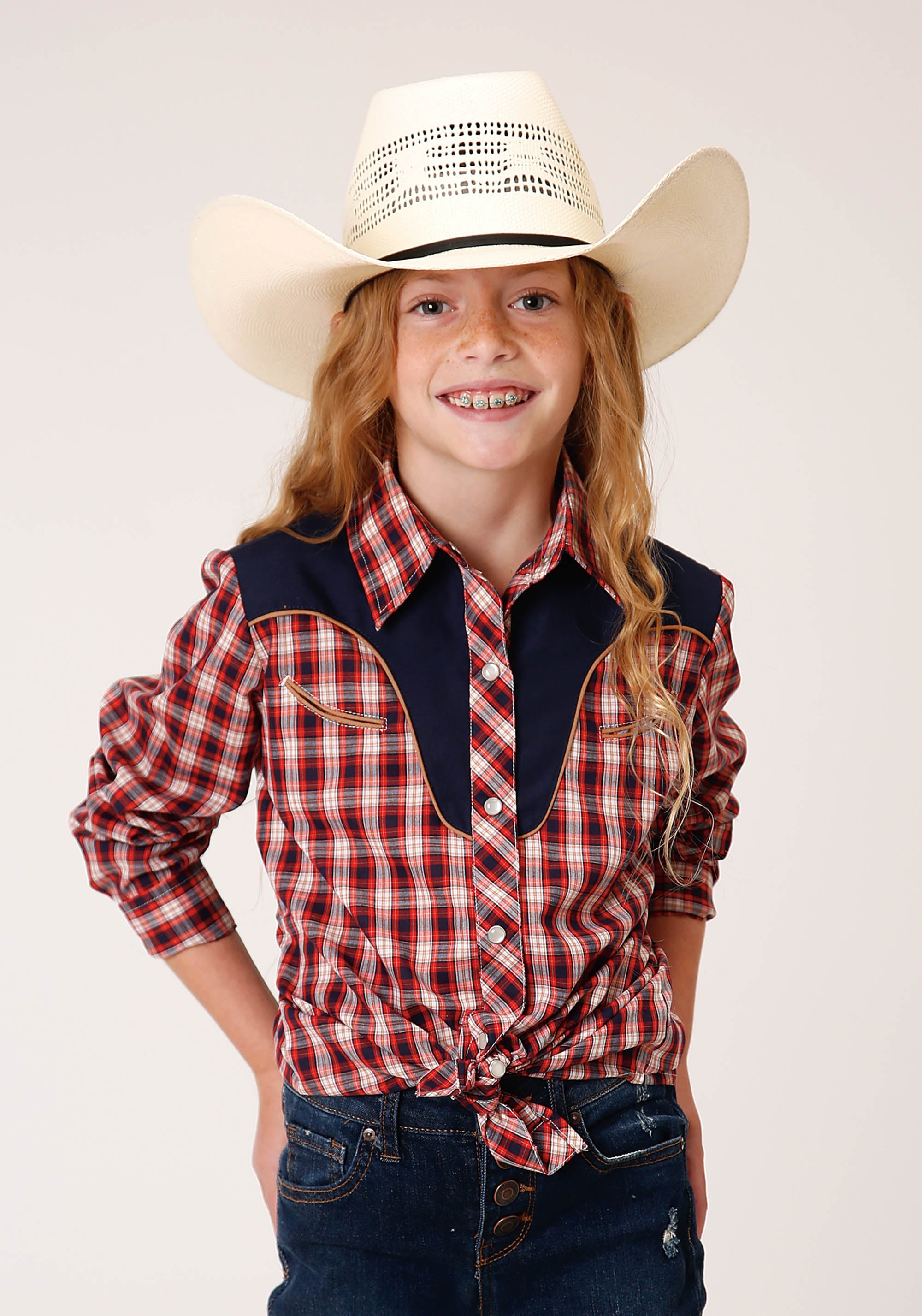 Roper Girls Long Sleeve Snap Red Navy And Cream Small Scale Plaid Western Shirt