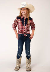 Roper Girls Long Sleeve Snap Red Navy And Cream Small Scale Plaid Western Shirt