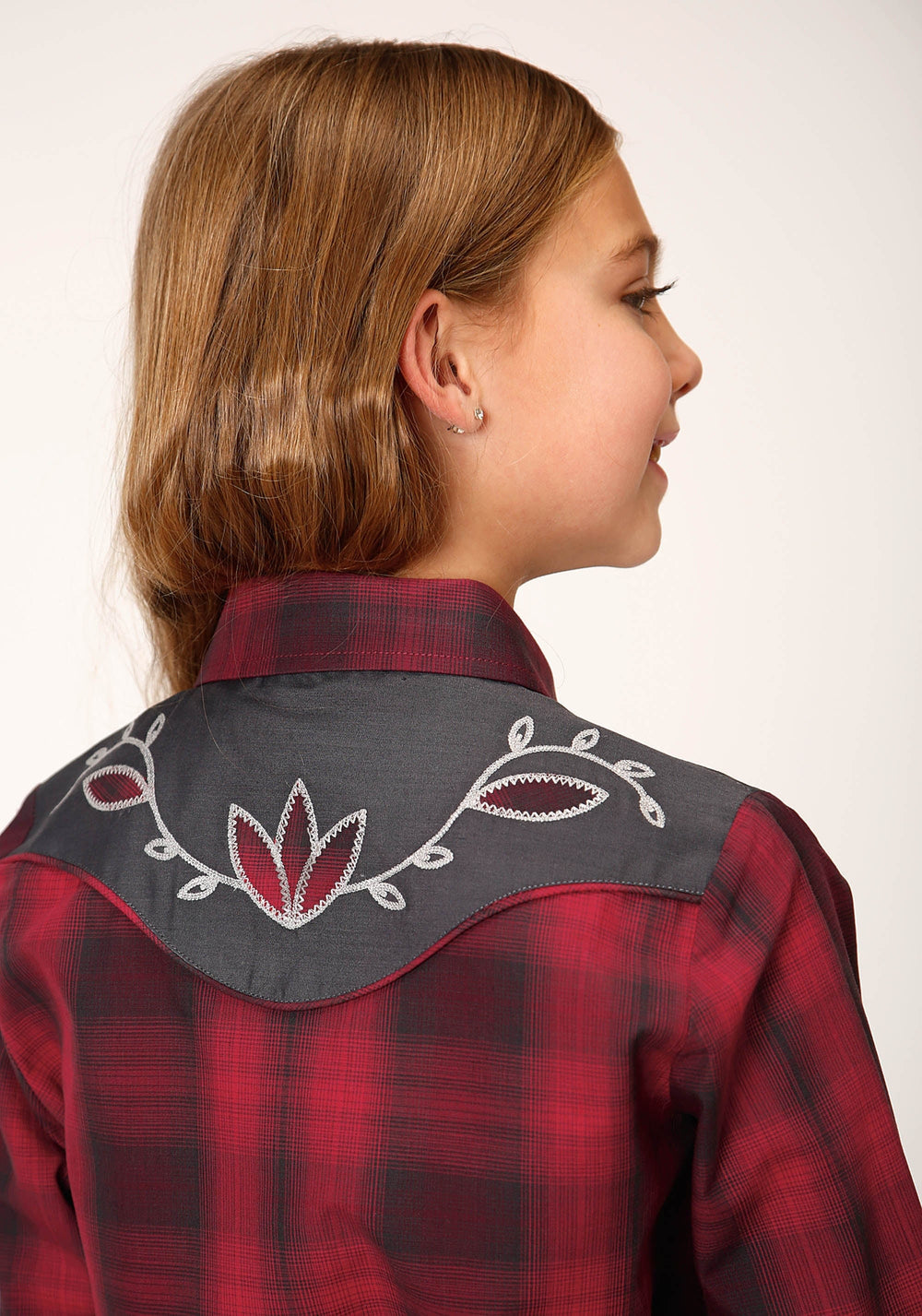 Roper Girls Long Sleeve Snap Red And Charcoal Plaid Western Shirt - Roper