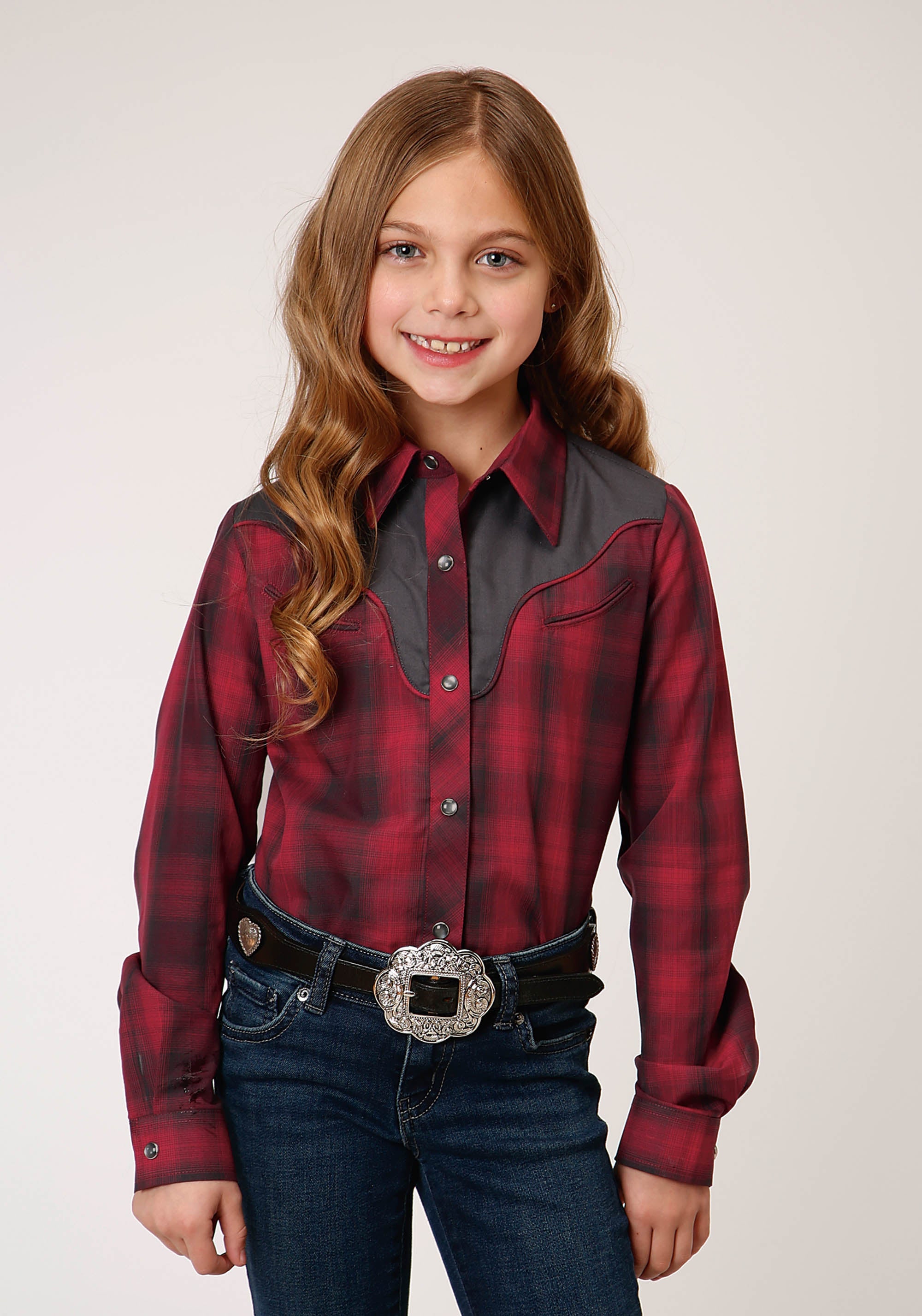Roper Girls Long Sleeve Snap Red And Charcoal Plaid Western Shirt