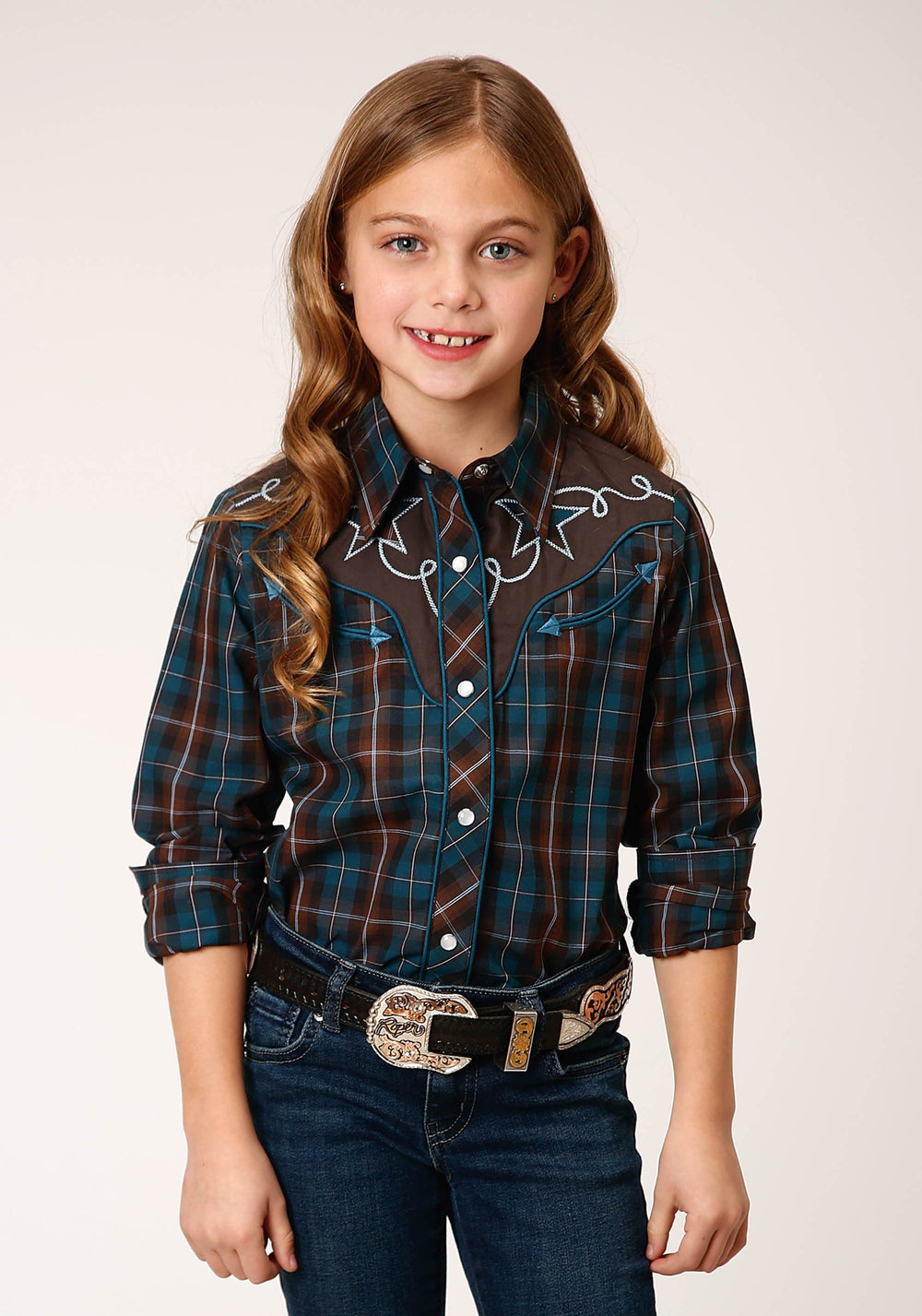 Roper Girls Long Sleeve Snap Brown And Teal Windopane Plaid Western Shirt - Roper