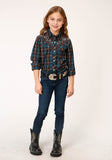 Roper Girls Long Sleeve Snap Brown And Teal Windopane Plaid Western Shirt - Roper