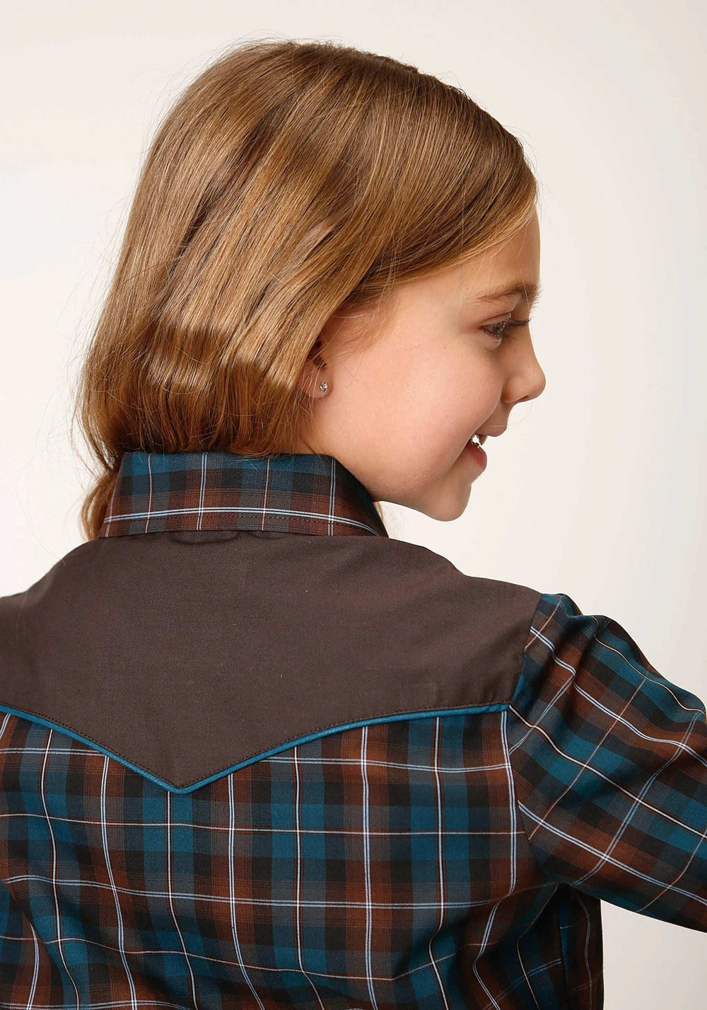 Roper Girls Long Sleeve Snap Brown And Teal Windopane Plaid Western Shirt - Roper - Flyclothing LLC