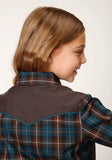Roper Girls Long Sleeve Snap Brown And Teal Windopane Plaid Western Shirt - Roper