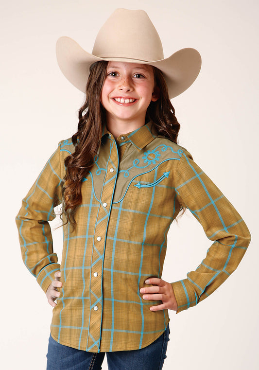 Roper Girls Long Sleeve Snap Butterscotch Turquoise Plaid Western Shirt