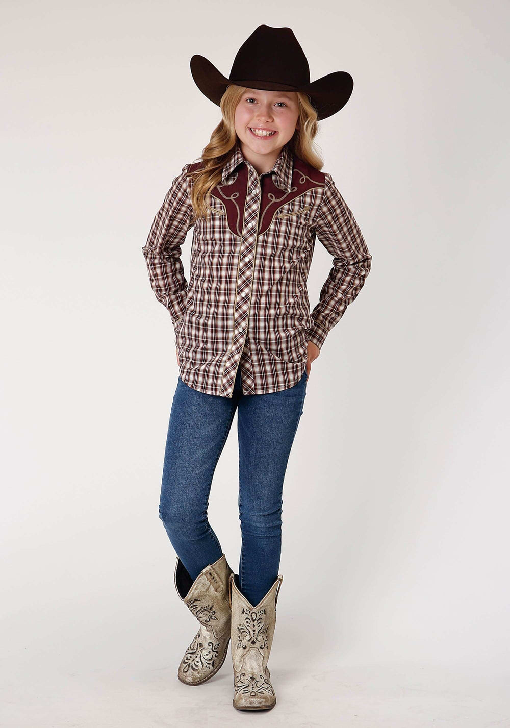 Roper Girls Long Sleeve Snap Wine Cream Tan Small Scale Plaid Western Shirt - Roper - Flyclothing LLC