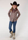 Roper Girls Long Sleeve Snap Wine Cream Tan Small Scale Plaid Western Shirt - Roper