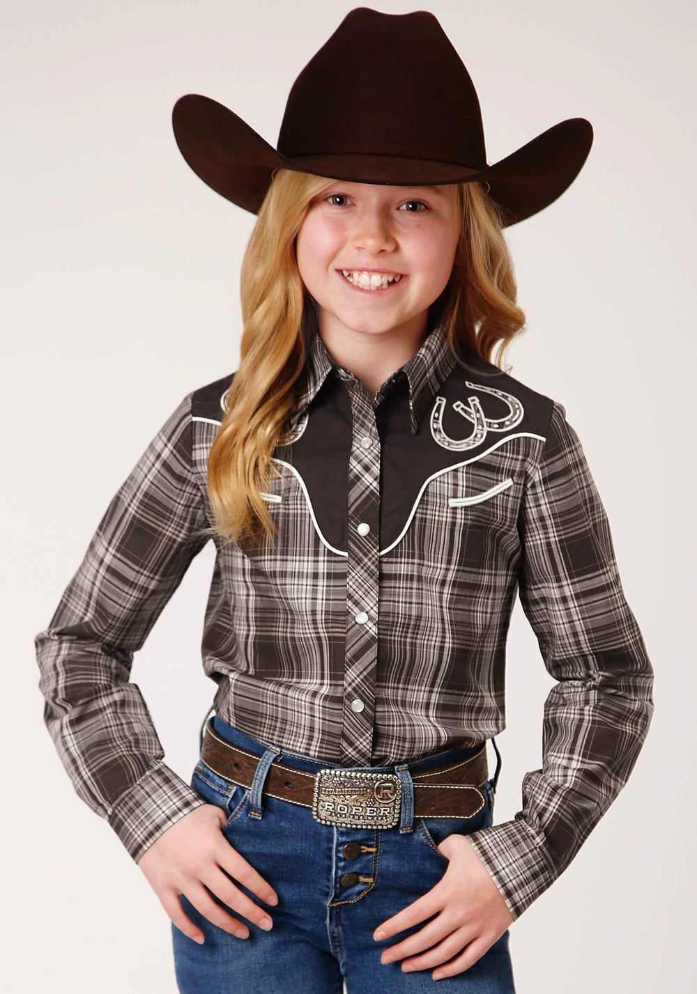 Roper Girls Long Sleeve Snap Chocolate And Cream Plaid Western Shirt - Roper