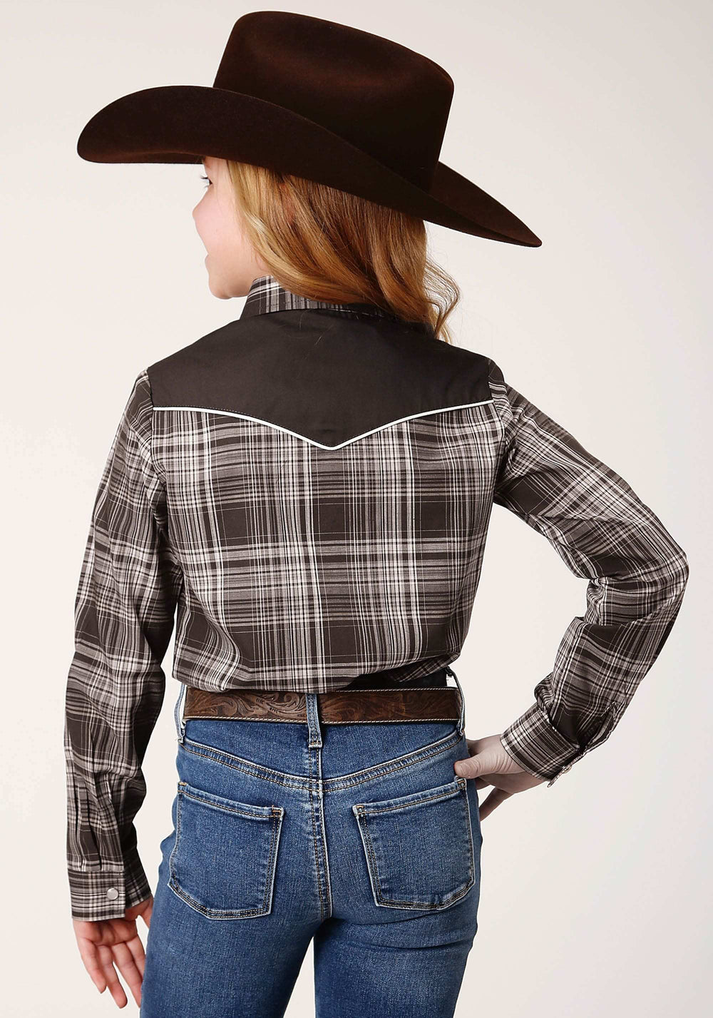 Roper Girls Long Sleeve Snap Chocolate And Cream Plaid Western Shirt - Roper - Flyclothing LLC