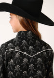 Roper Girls Long Sleeve Snap Black And Cream Floral Print Western Shirt - Roper