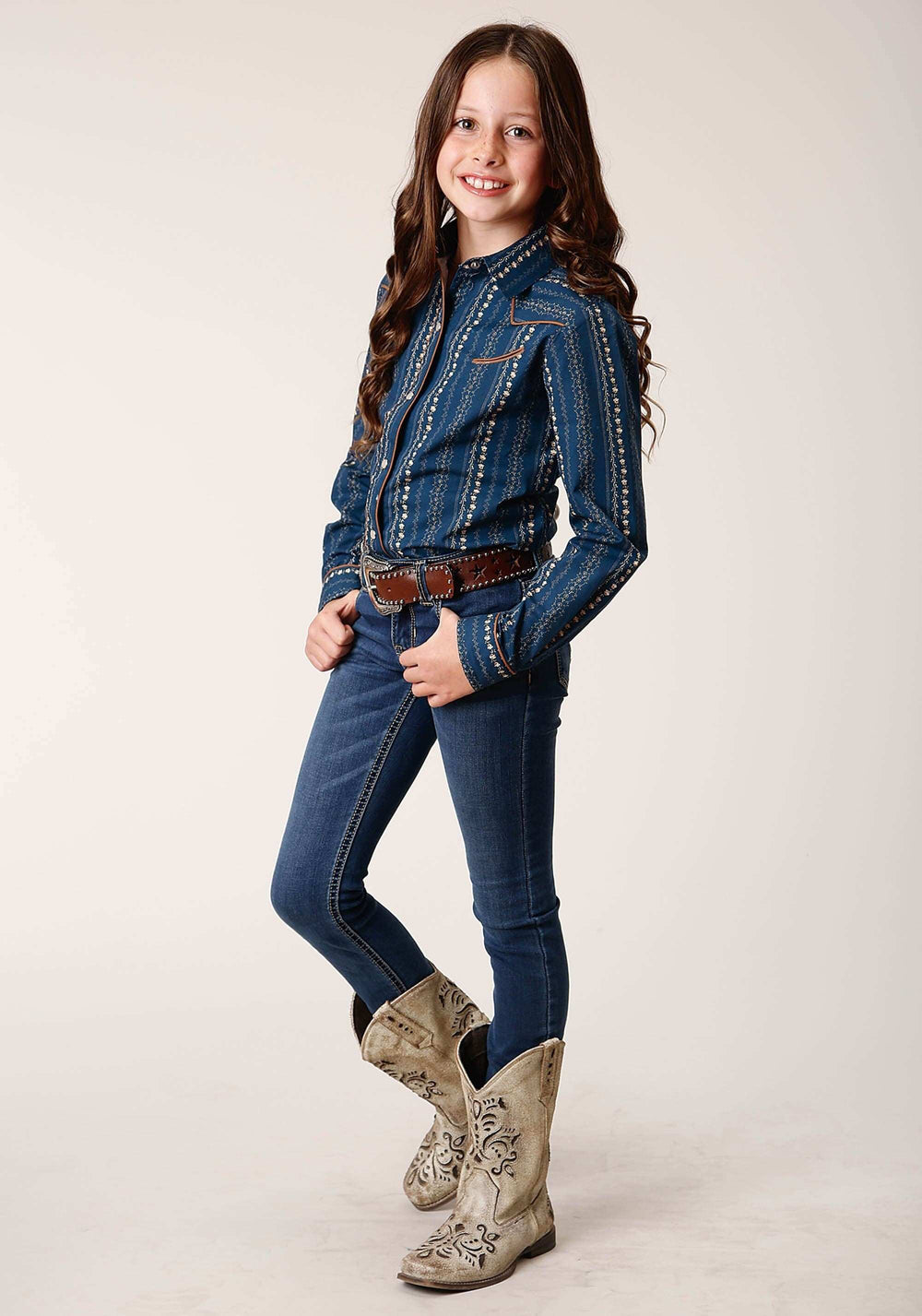 Roper Girls Long Sleeve Snap Navy Khaki Floral Wallpaper Print Western Shirt - Roper - Flyclothing LLC