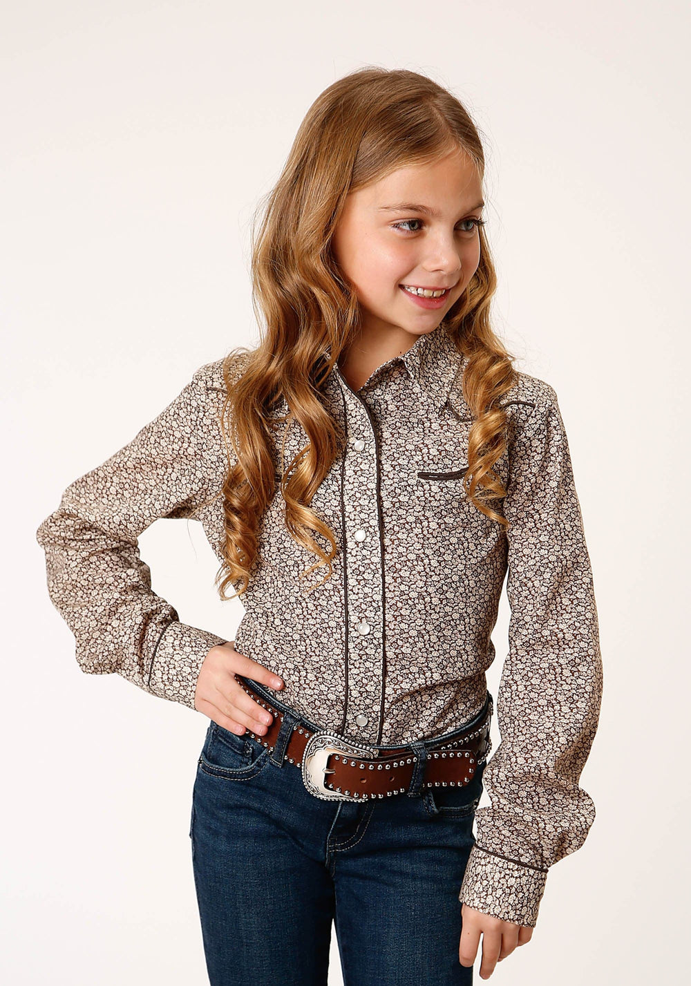 Roper Girls Long Sleeve Snap Brown And Cream Floral Print Western Shirt - Roper