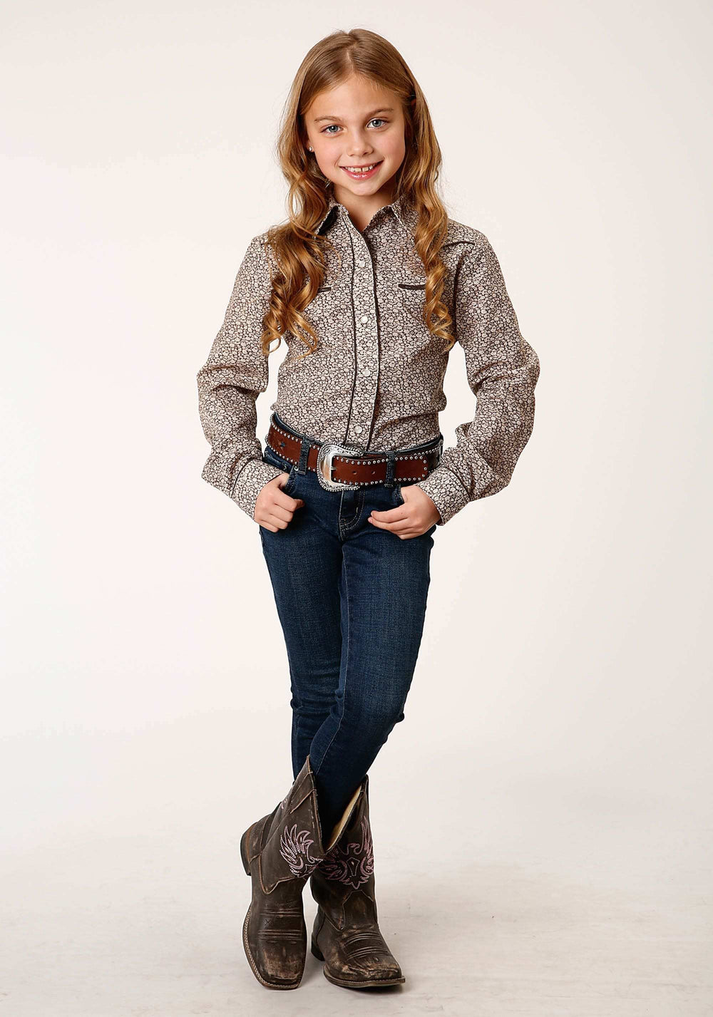 Roper Girls Long Sleeve Snap Brown And Cream Floral Print Western Shirt - Roper - Flyclothing LLC
