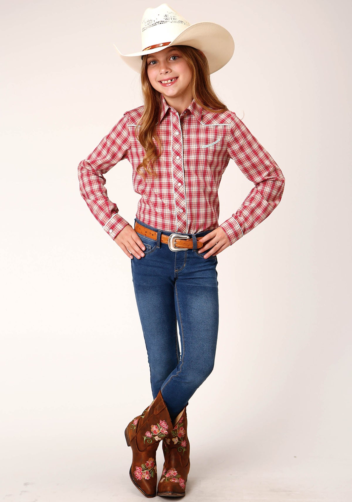 Roper Girls Long Sleeve Snap Red And Multi Small Scale Plaid Western Shirt