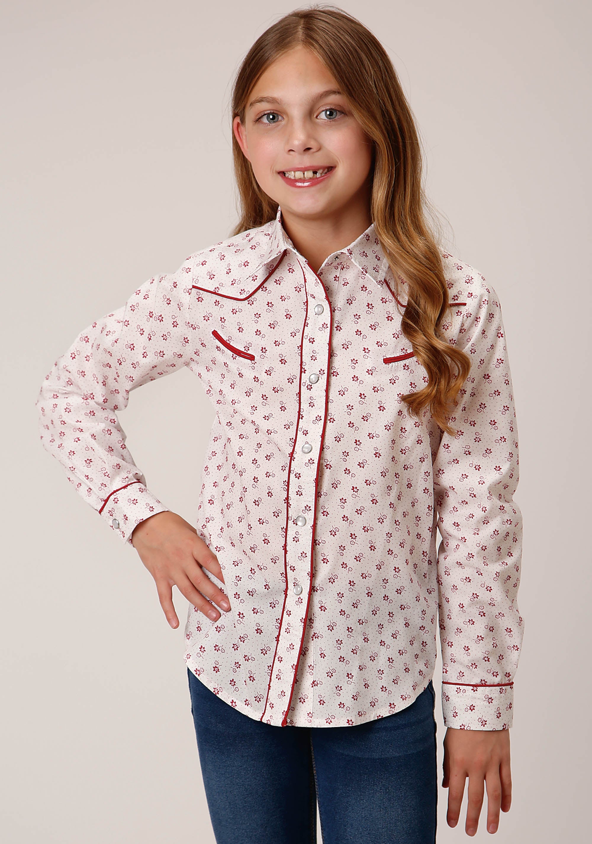 Roper Girls Long Sleeve Snap White And Red Floral Print Western Shirt