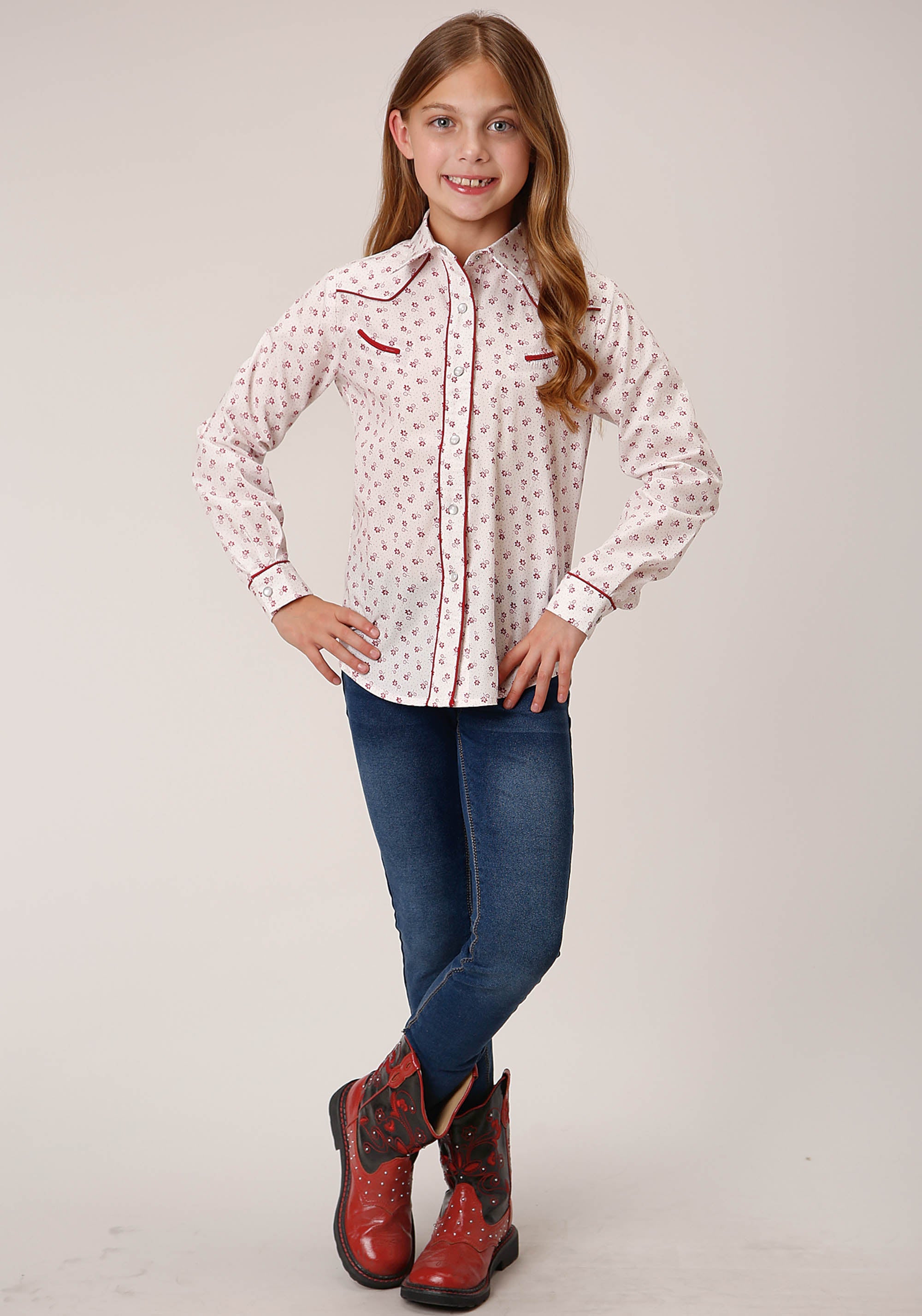 Roper Girls Long Sleeve Snap White And Red Floral Print Western Shirt