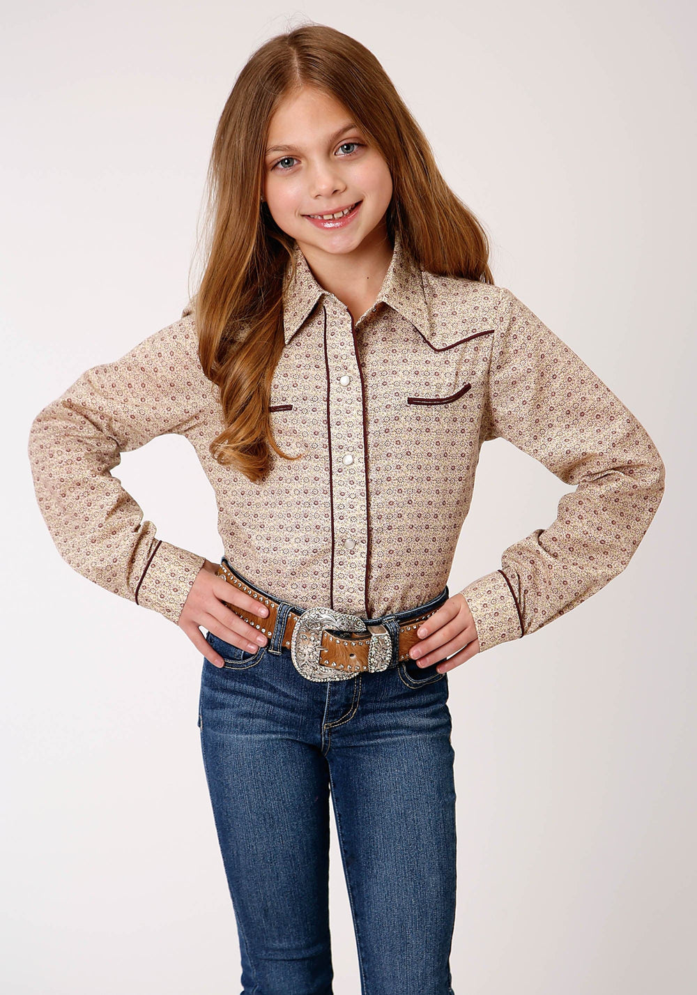 Roper Girls Long Sleeve Snap Beige And Rust Vintage Floral Print Western Shirt - Roper