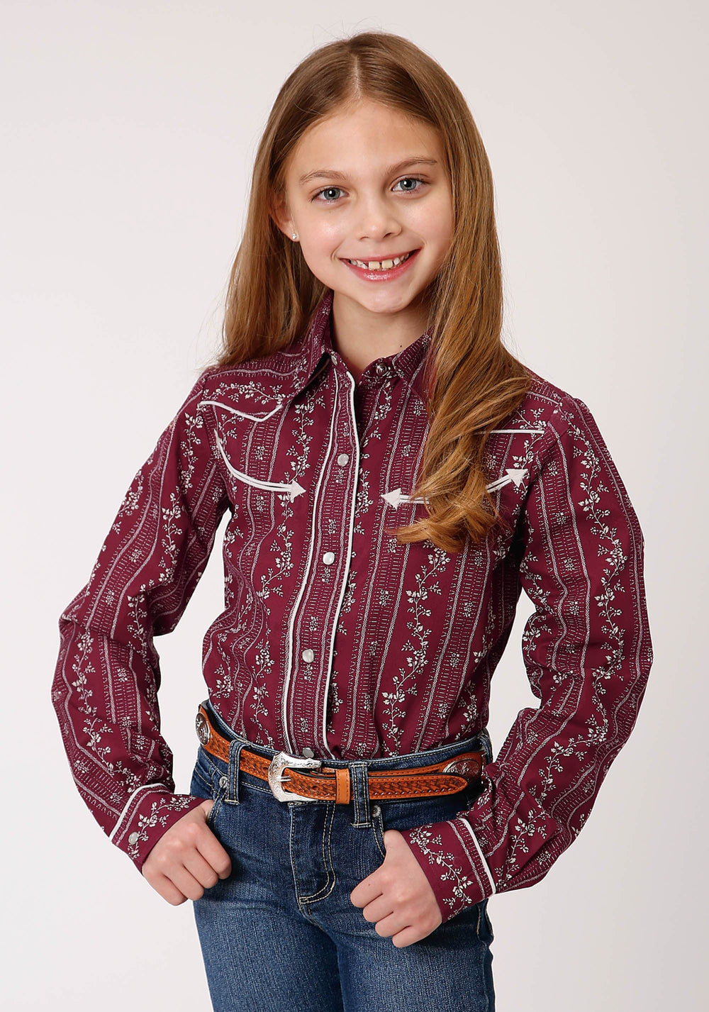 Roper Girls Long Sleeve Snap Brick Red And Cream Wallpaper Stripe Western Shirt - Roper