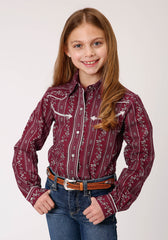 Roper Girls Long Sleeve Snap Brick Red And Cream Wallpaper Stripe Western Shirt