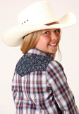 Roper Girls Long Sleeve Snap Wine Navy And White Plaid Western Shirt - Roper