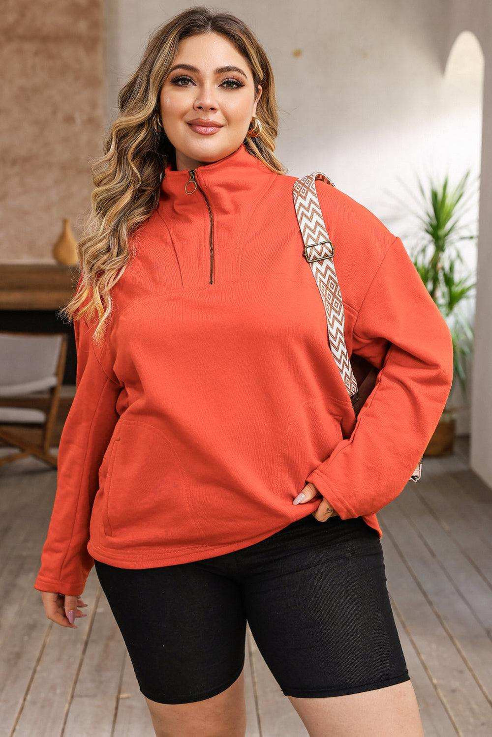 Plus Size Zip-Up Dropped Shoulder Sweatshirt - Trendsi - Flyclothing LLC