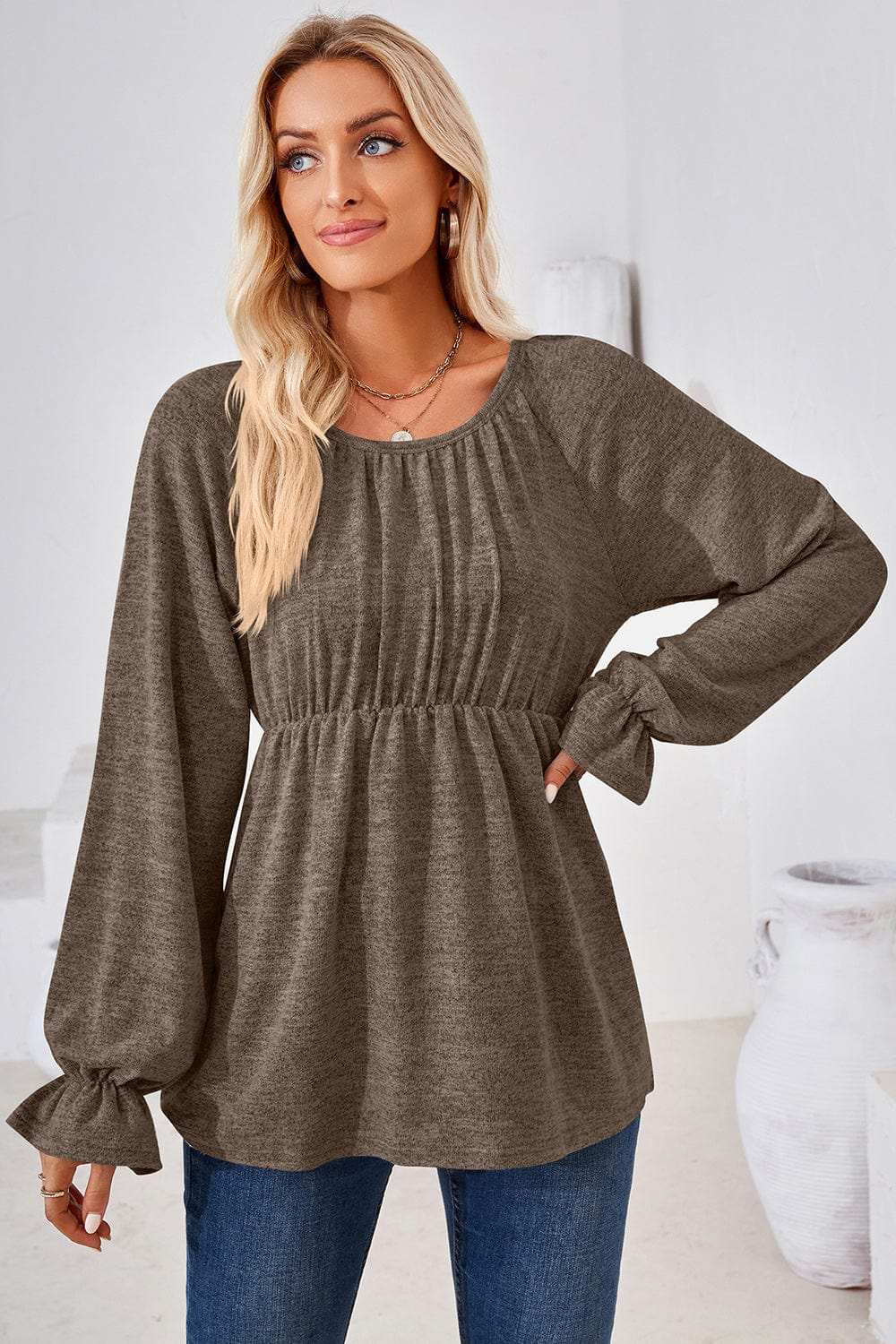 Ruched Round Neck Flounce Sleeve Blouse - Trendsi - Flyclothing LLC