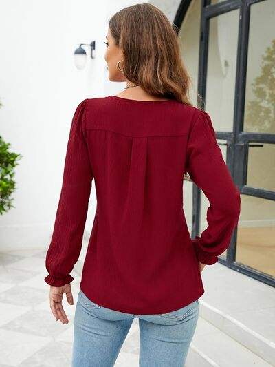 Notched Flounce Sleeve Blouse - Trendsi - Flyclothing LLC