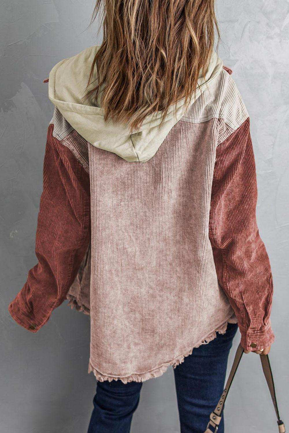 Snap Front Hooded Corduroy Shacket - Trendsi - Flyclothing LLC