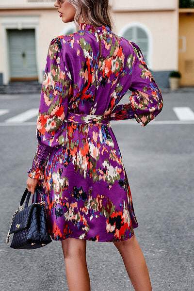 Printed Tie Waist Mock Neck Lantern Sleeve Dress - Trendsi - Flyclothing LLC