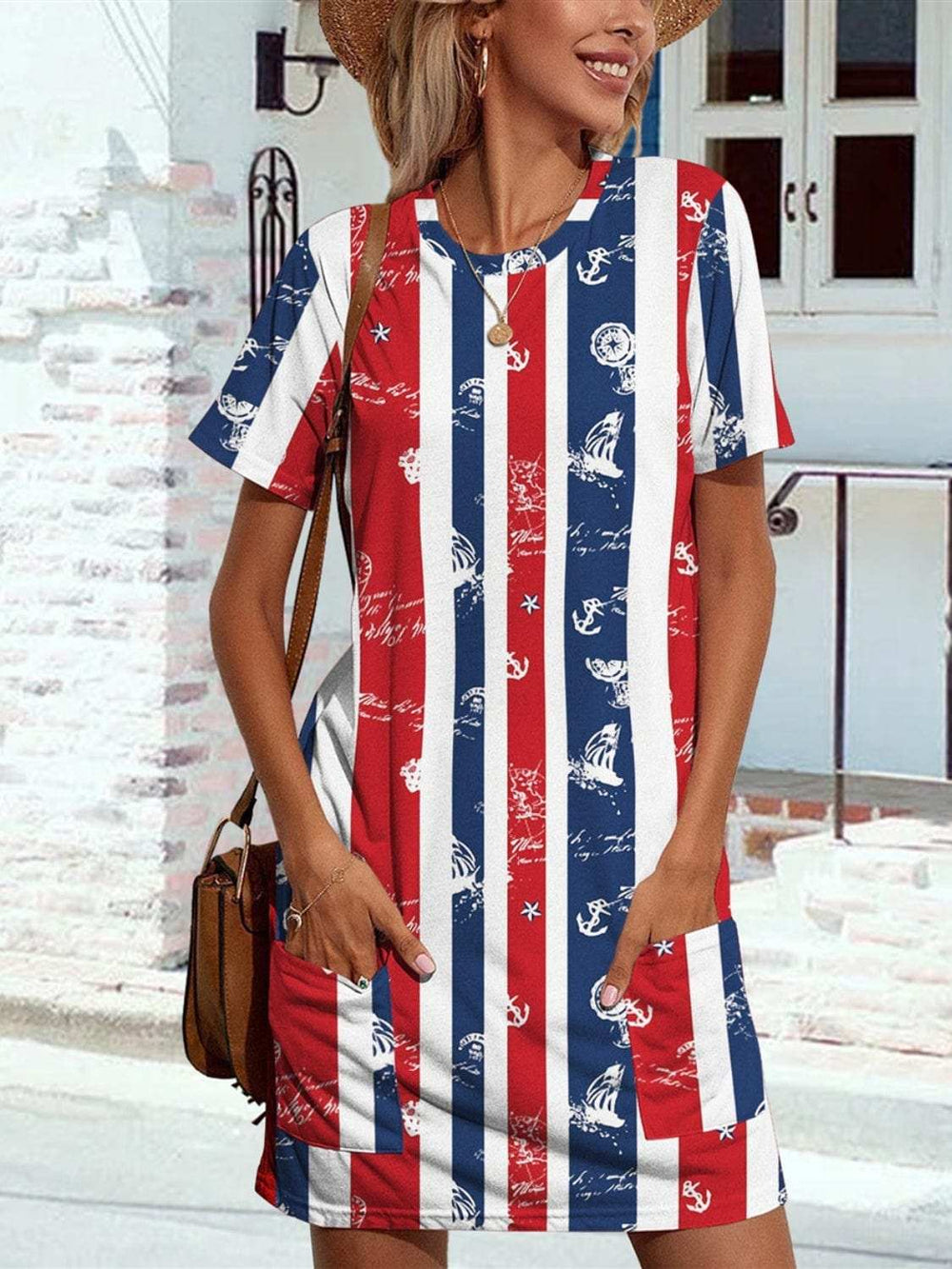 Pocketed Striped Round Neck Short Sleeve Dress - Trendsi - Flyclothing LLC