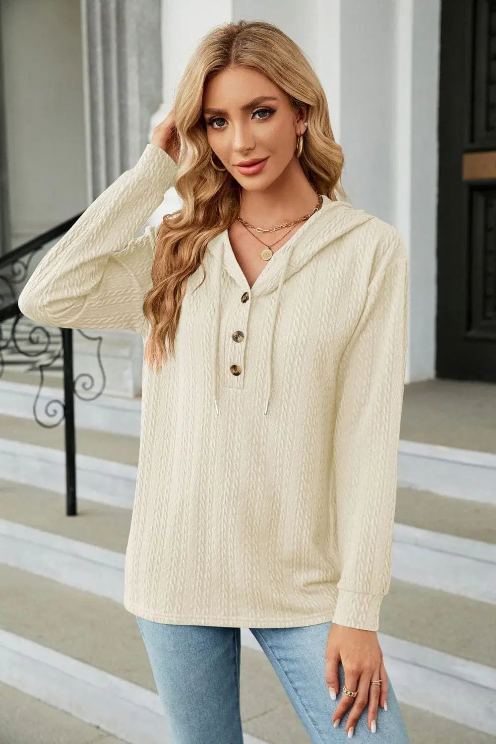 Cable-Knit Long Sleeve Hoodie - Trendsi - Flyclothing LLC