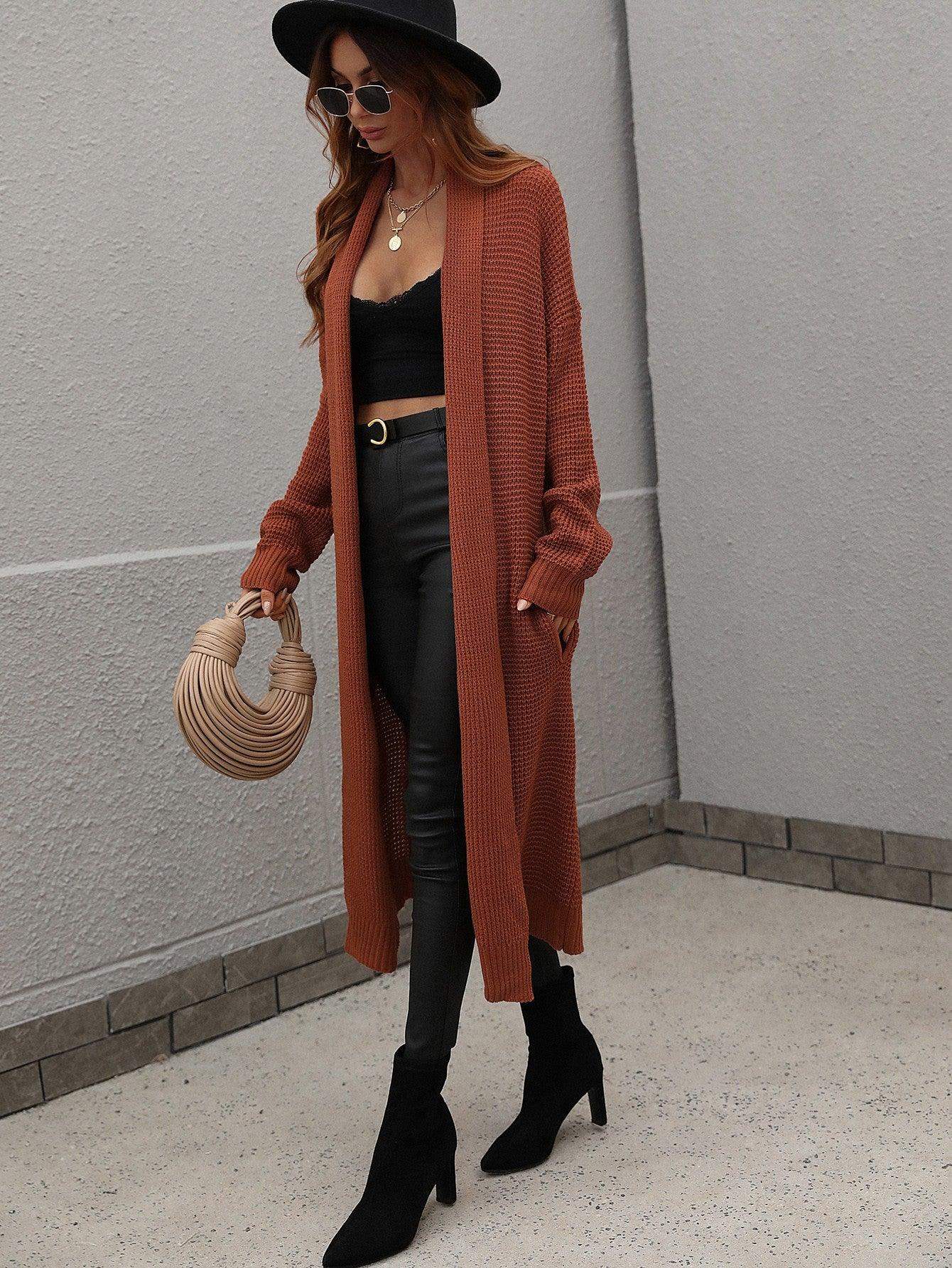 Waffle Knit Open Front Duster Cardigan With Pockets - Trendsi - Flyclothing LLC