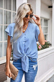 V-Neck Tie Hem Flutter Sleeve Blouse - Trendsi - Flyclothing LLC