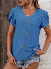 Eyelet V-Neck Petal Sleeve T-Shirt - Trendsi