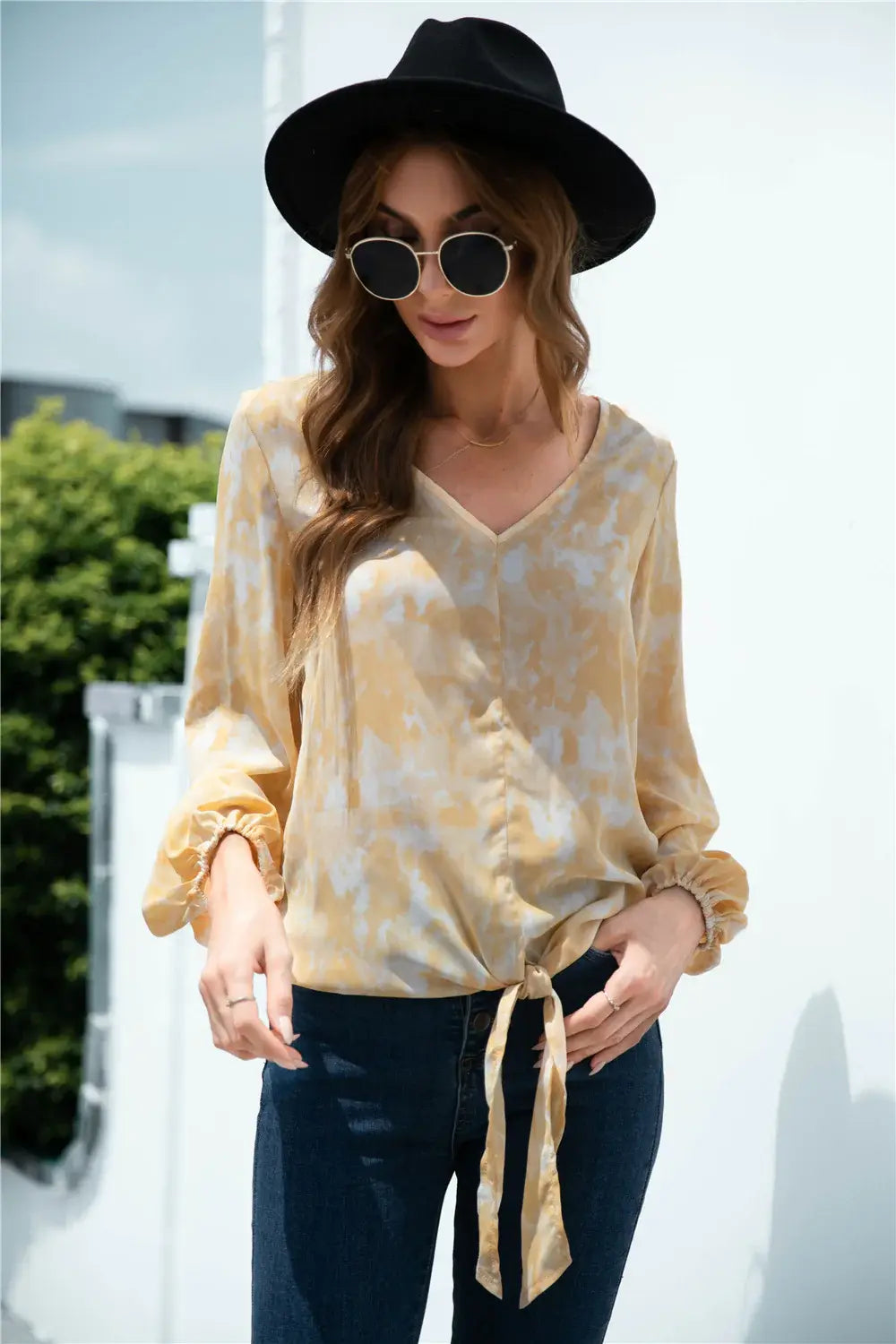 Tie-Dye Tied Balloon Sleeve Blouse - Trendsi - Flyclothing LLC