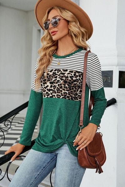 Leopard Striped Round Neck T-Shirt - Trendsi