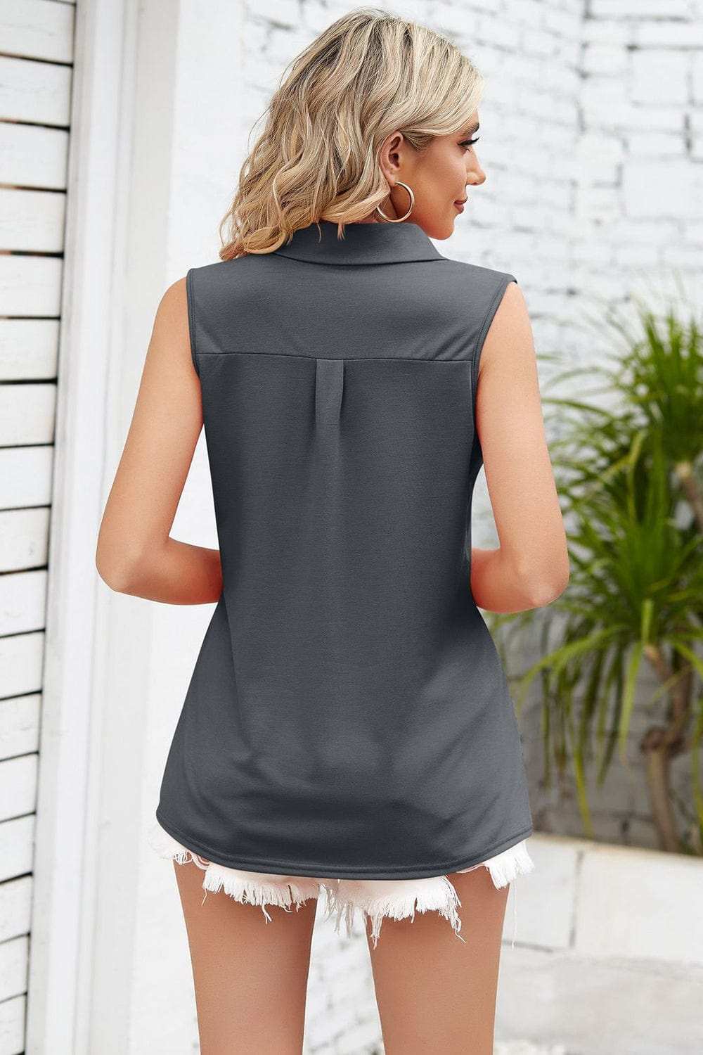 Ruched Johnny Collar Tank - Trendsi - Flyclothing LLC