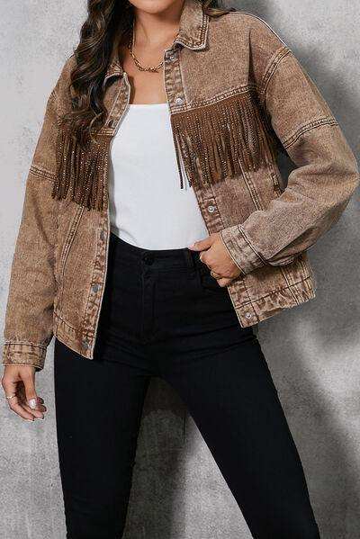 Fringe Trim Snap Down Denim Jacket - Trendsi - Flyclothing LLC