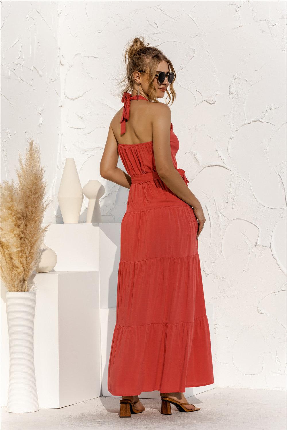 Halter Neck Tie Waist Tiered Maxi Dress - Trendsi - Flyclothing LLC