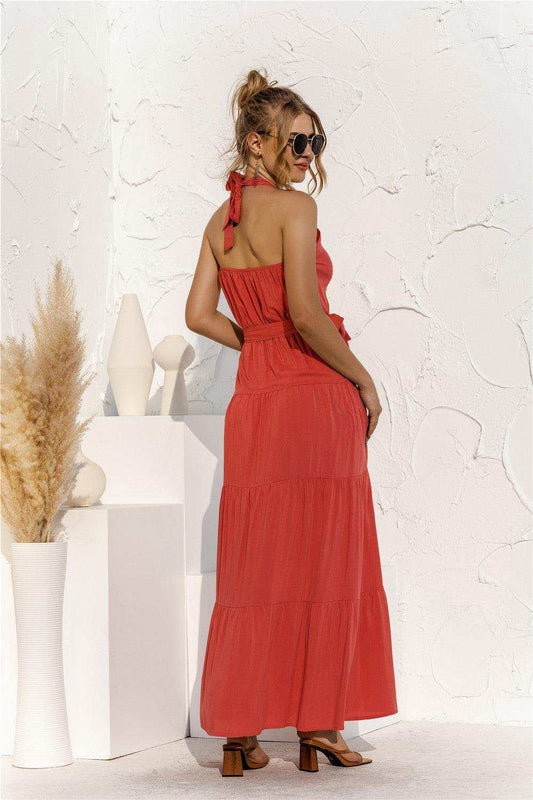 Halter Neck Tie Waist Tiered Maxi Dress - Trendsi - Flyclothing LLC