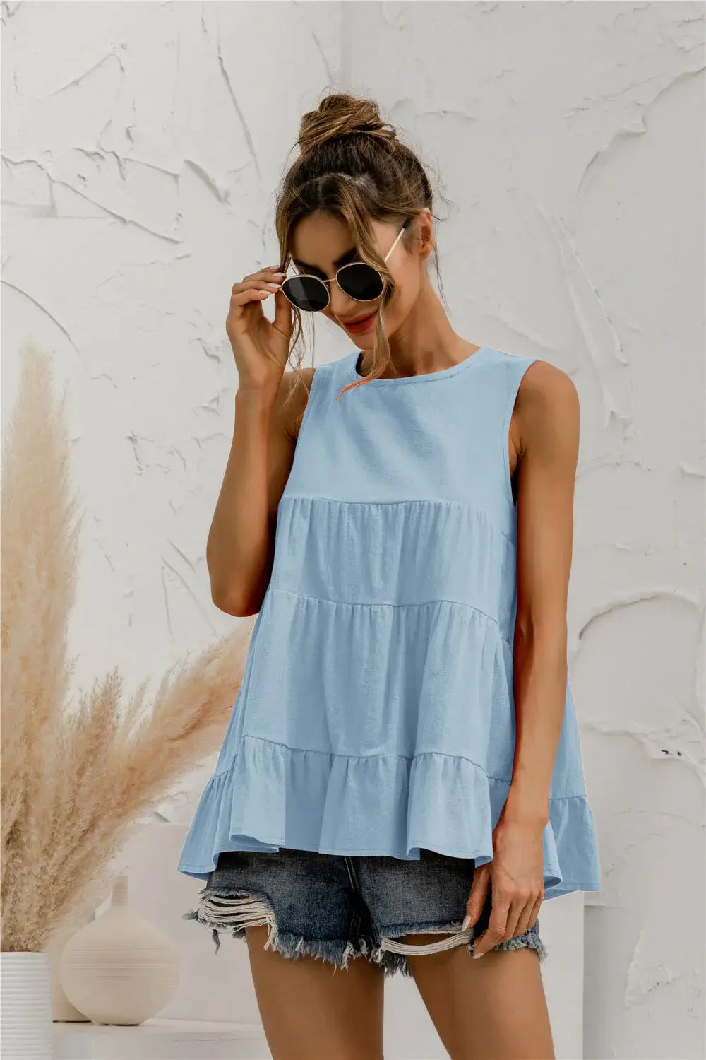 Round Neck Tiered Tank - Trendsi - Flyclothing LLC
